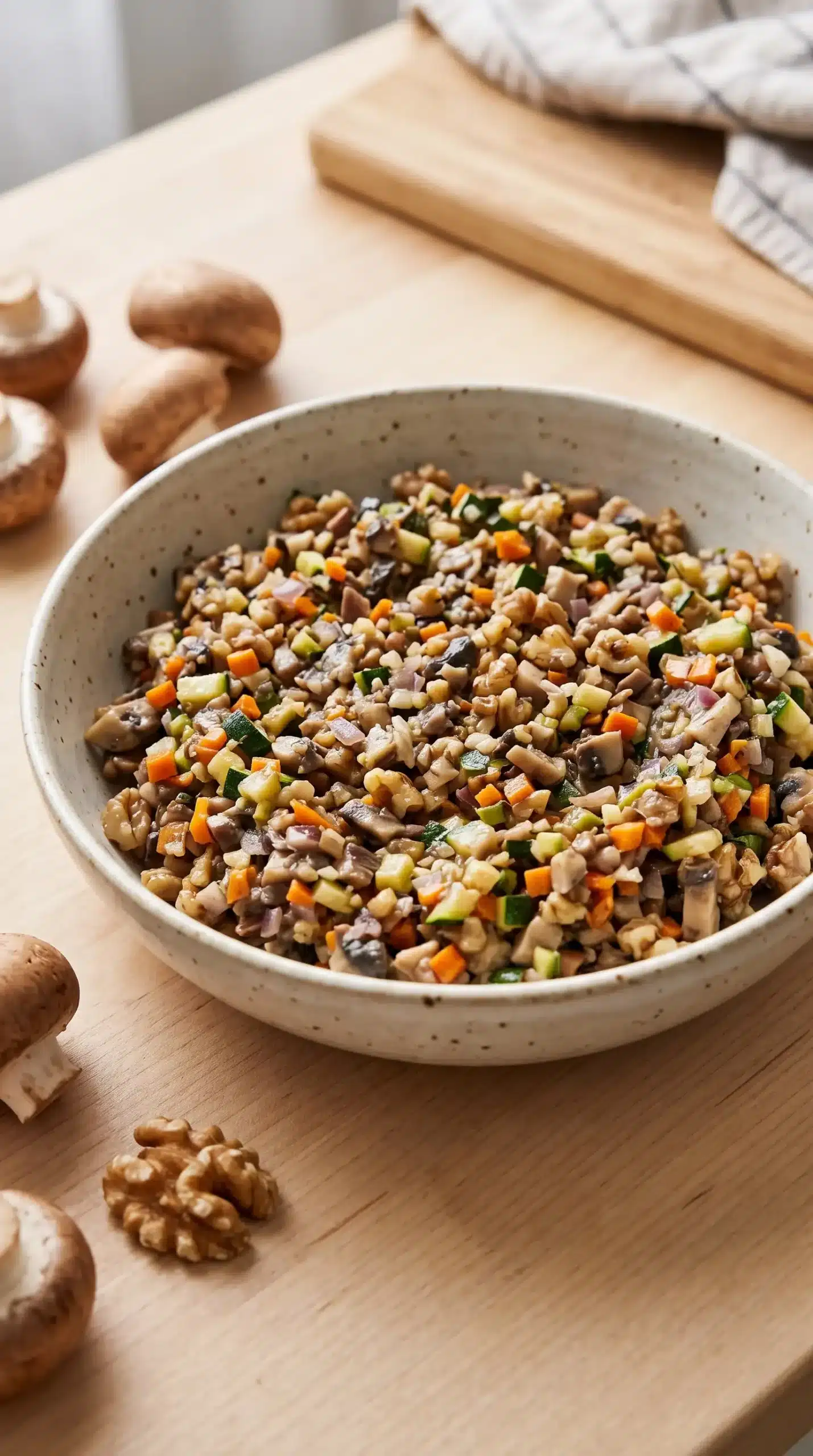 Mushroom walnut vegetable filling with chopped zucchini, carrots, onions, and garlic