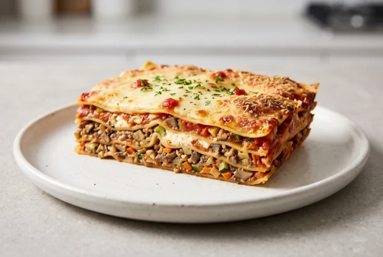 Slice of vegetarian lasagna with mushroom walnut filling, layered pasta, tomato sauce, and melted cheese