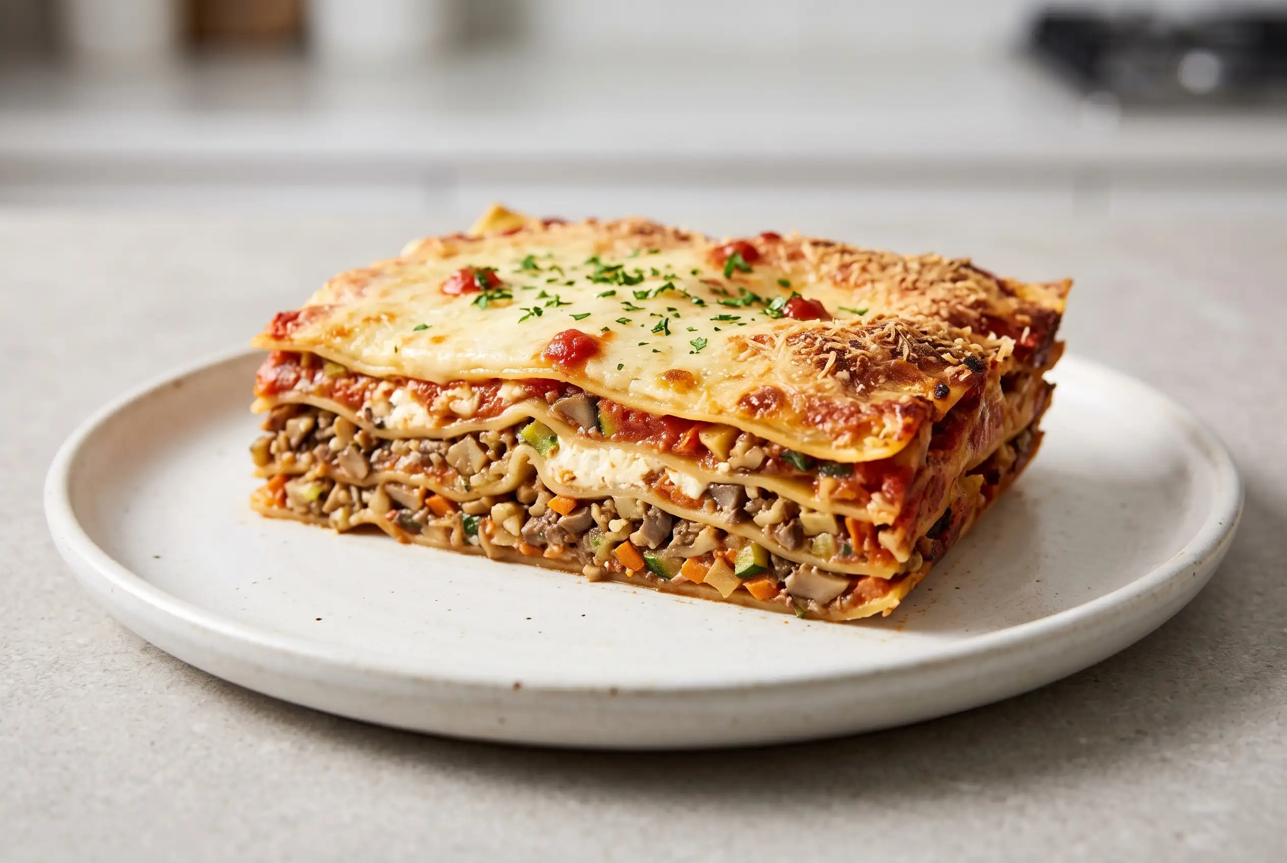 Slice of vegetarian lasagna with mushroom walnut filling, layered pasta, tomato sauce, and melted cheese