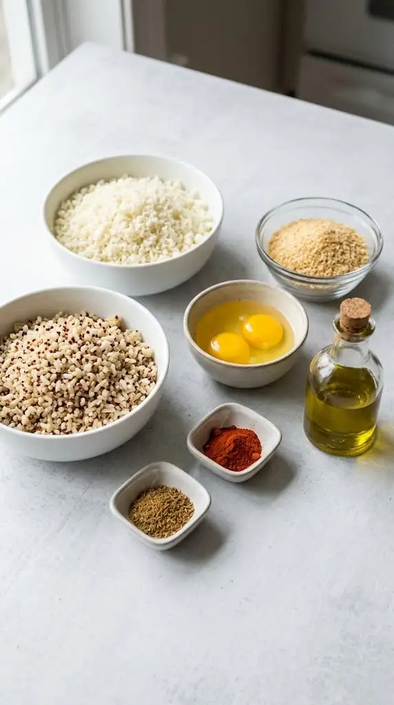 Ingredients for vegetarian meatballs with cauliflower rice, quinoa, brown rice, breadcrumbs, and spices