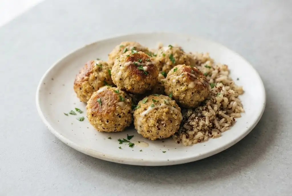 Vegetarian meatballs with cauliflower, quinoa, and brown rice served on a ceramic plate