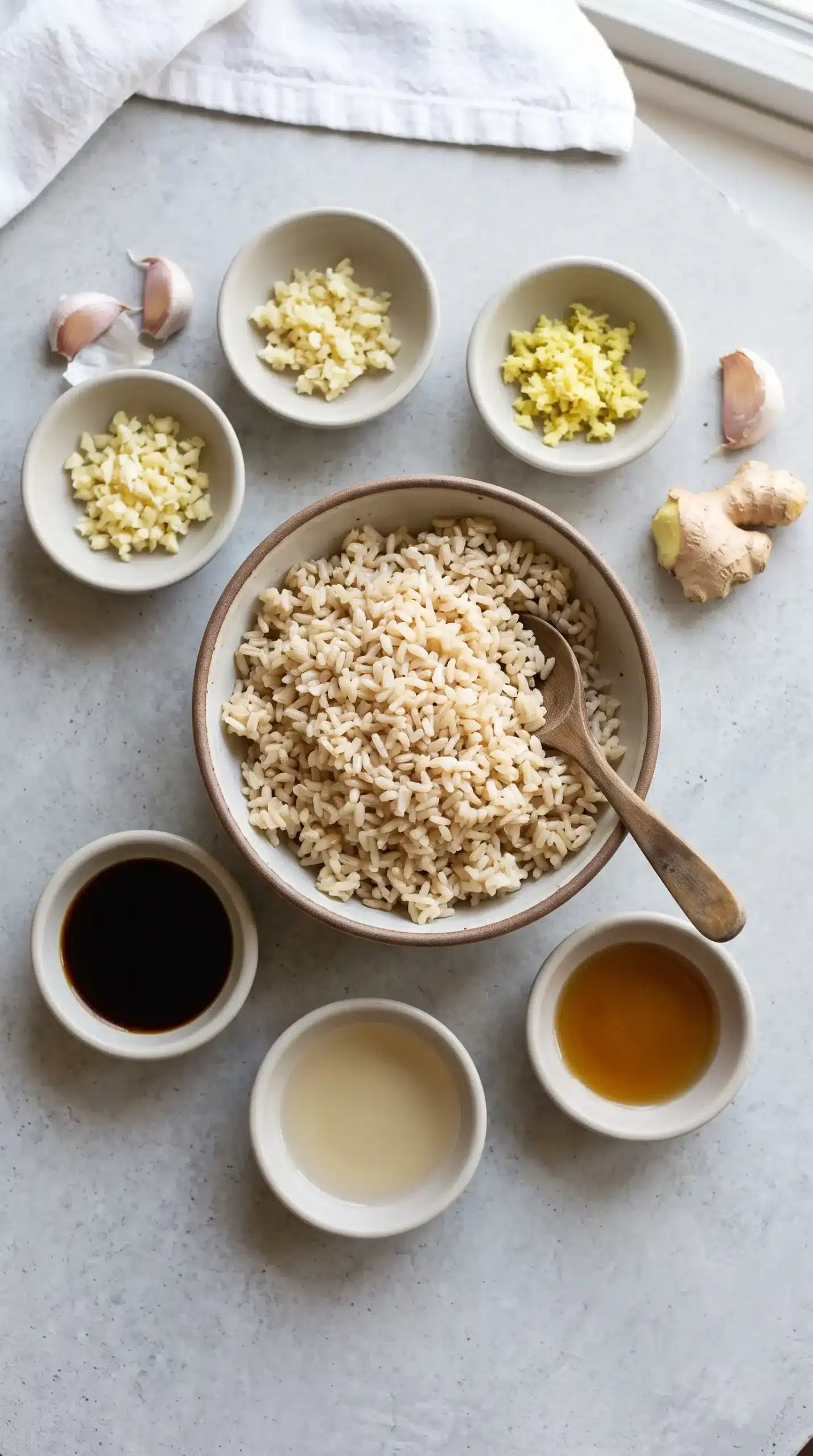 Garlic, ginger, sesame oil, soy sauce, and brown rice prepared for veggie fried rice