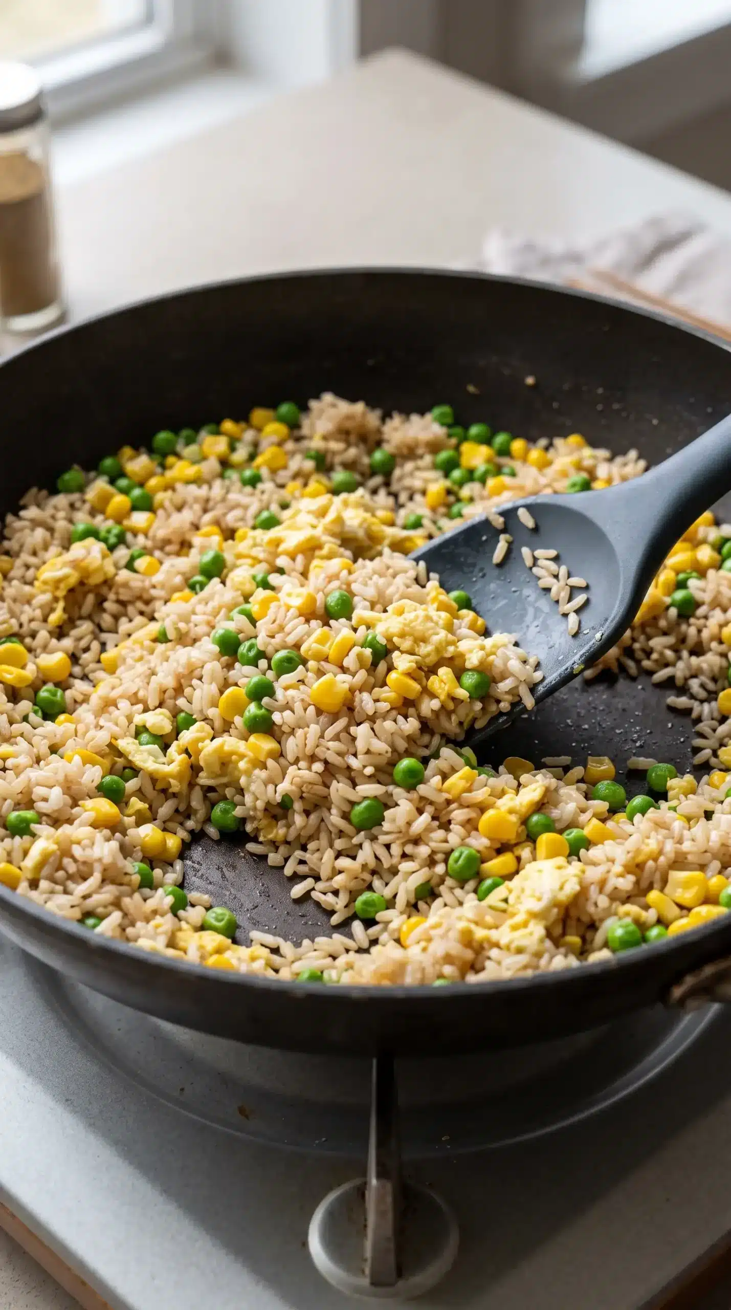 Veggie fried rice cooking in a skillet with brown rice, peas, corn, and egg