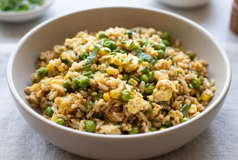Veggie fried rice with brown rice, egg, peas, and corn in a ceramic bowl