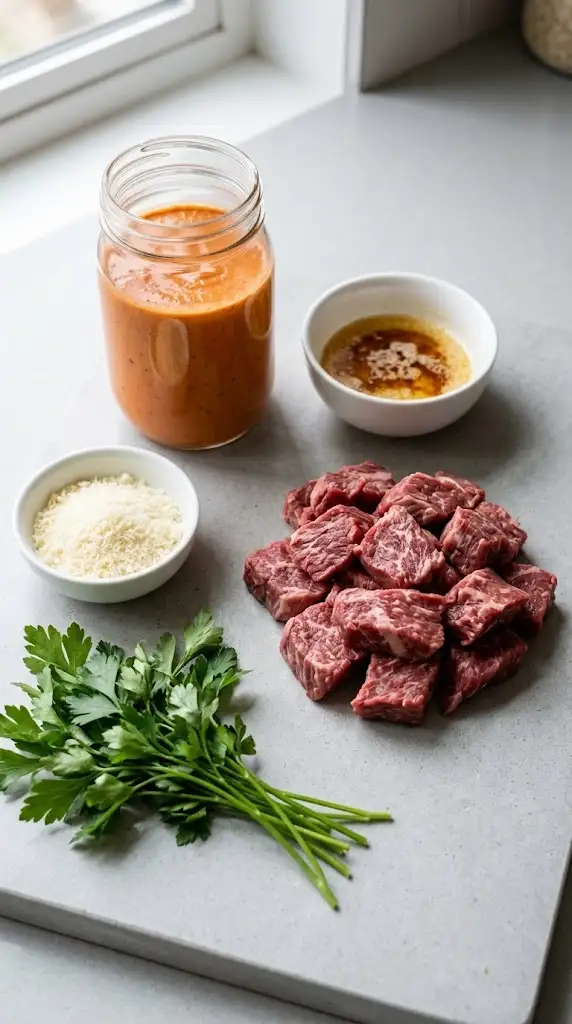 Ingredients for creamy vodka steak pasta sauce with sirloin, browned butter, Parmesan, and parsley
