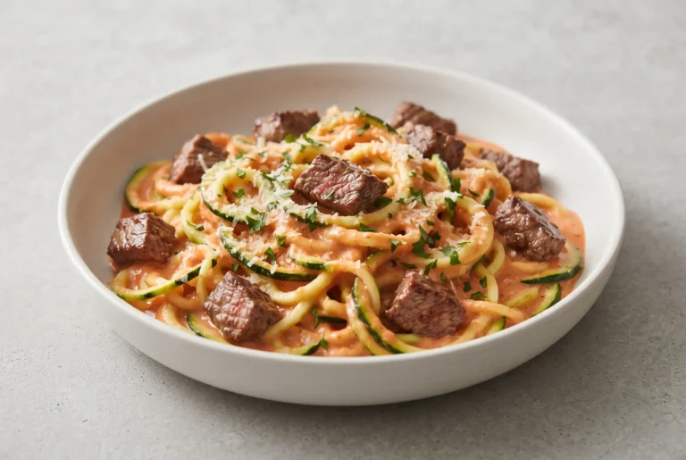 Vodka steak pasta with creamy tomato sauce, zucchini noodles, seared steak, Parmesan, and parsley