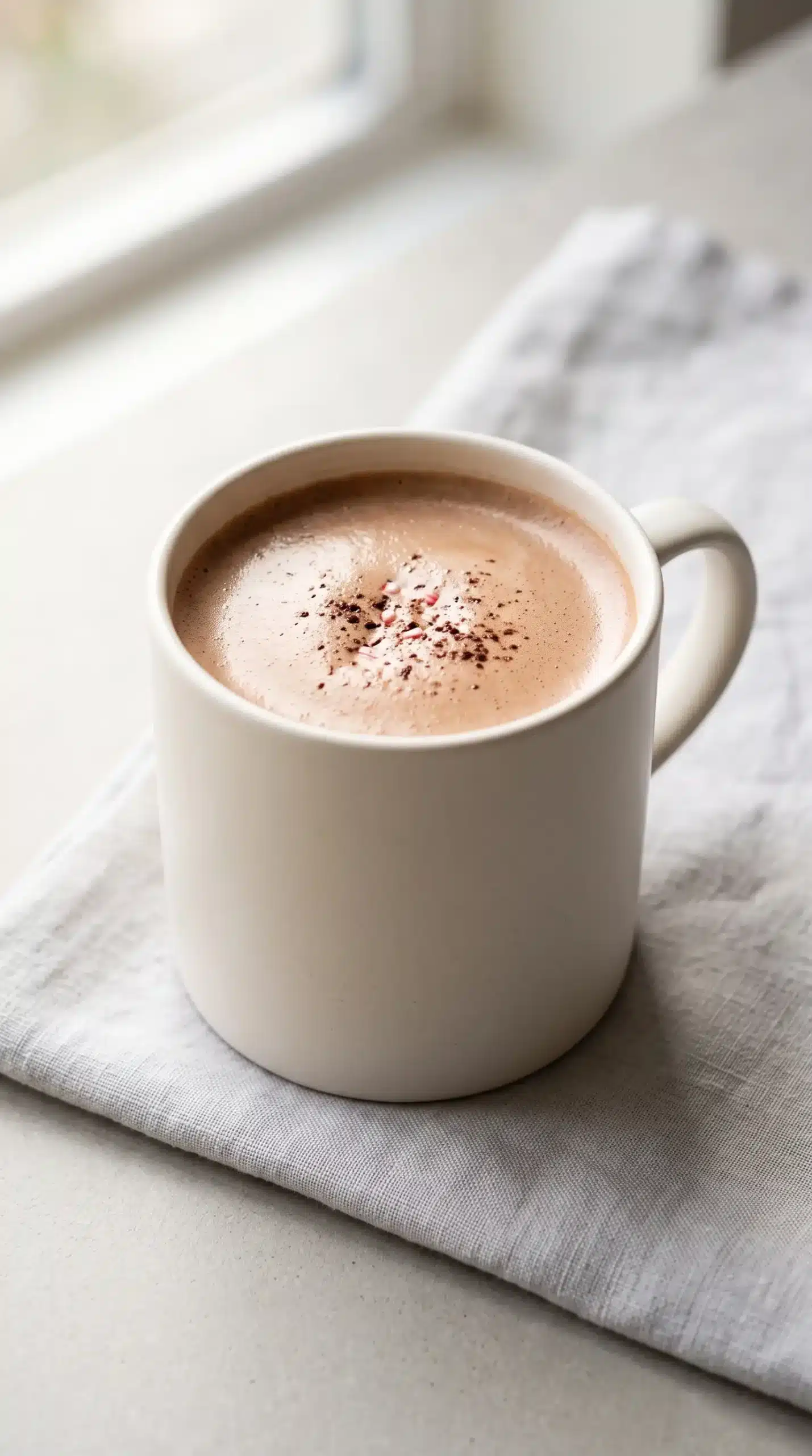 Warm peppermint mocha protein coffee served in a ceramic mug with a foamy top