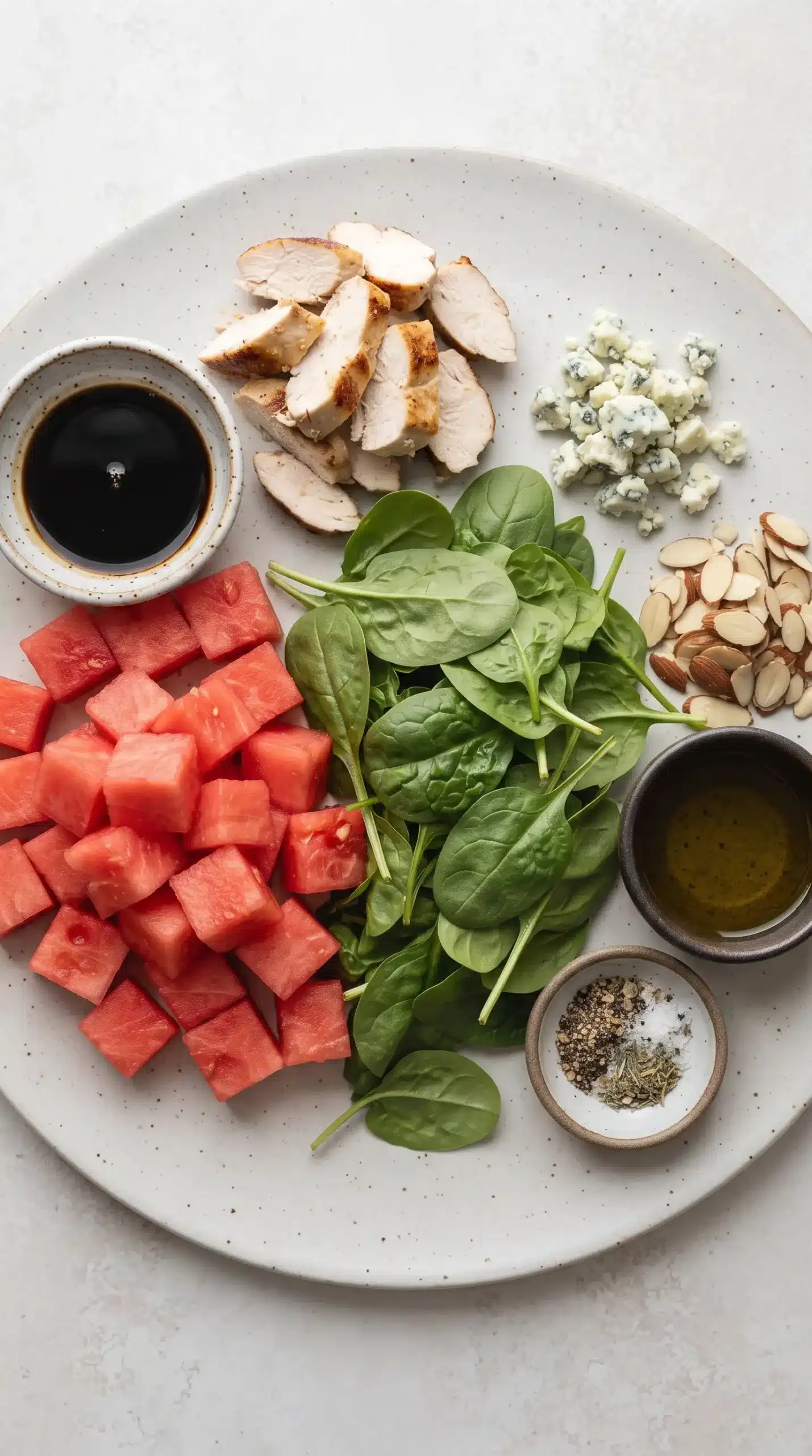 Ingredients for watermelon chicken salad with cubed watermelon, chicken, greens, blue cheese, almonds, and balsamic