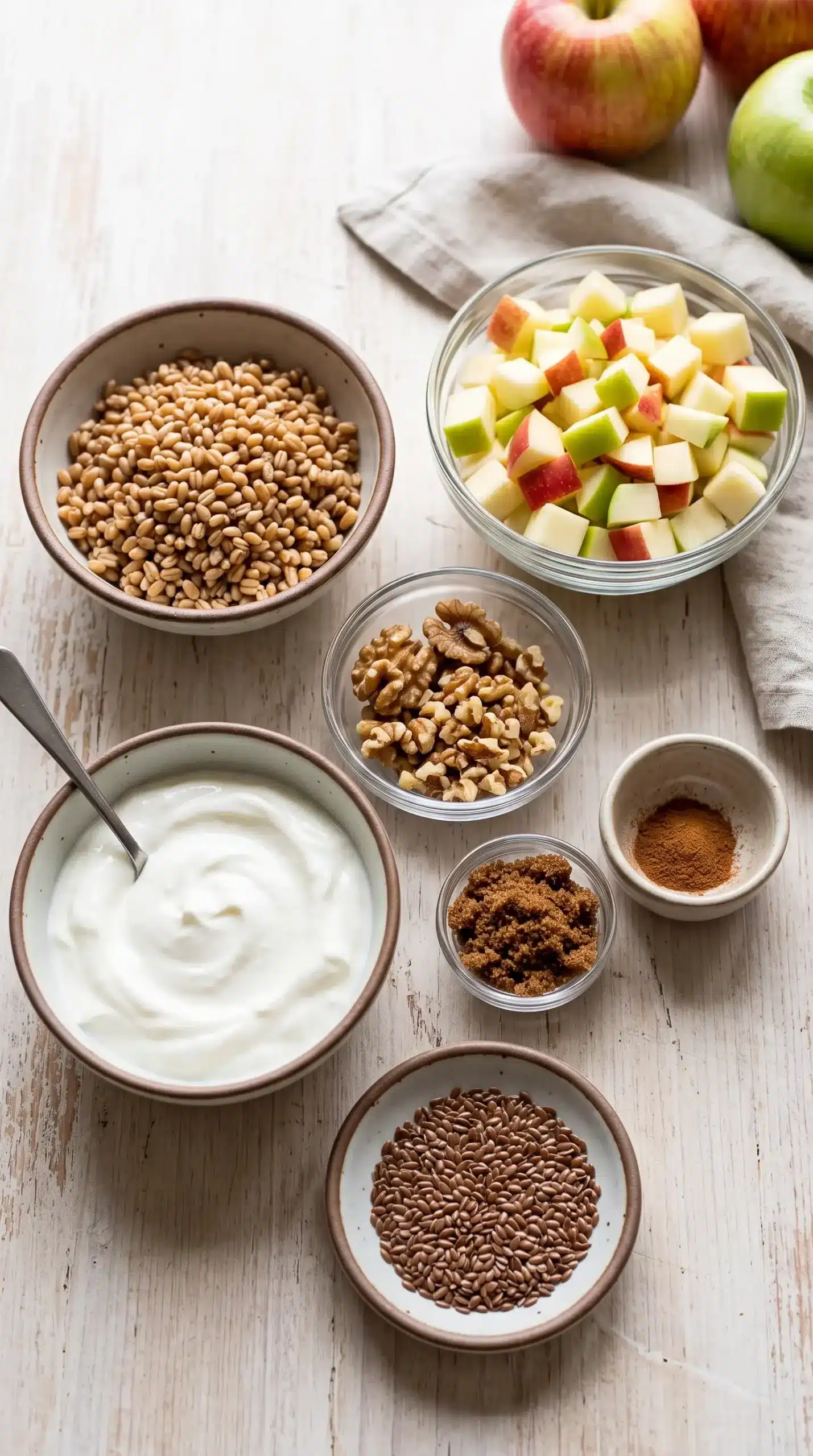Ingredients for wheat berry parfait including cooked wheat berries, apples, yogurt, walnuts, cinnamon, and flax seeds