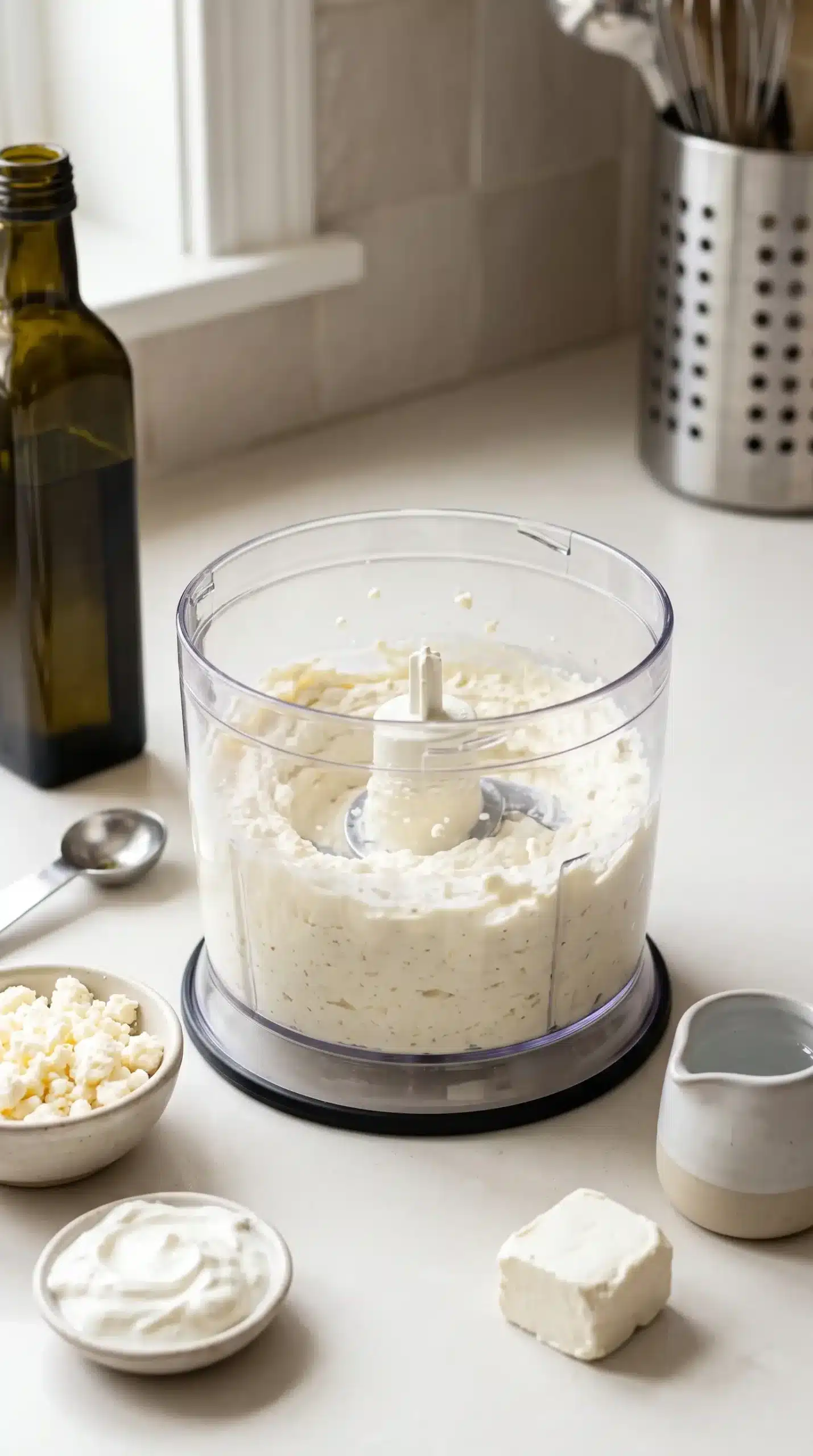 Whipped feta spread being blended in a food processor for buffalo chicken burgers