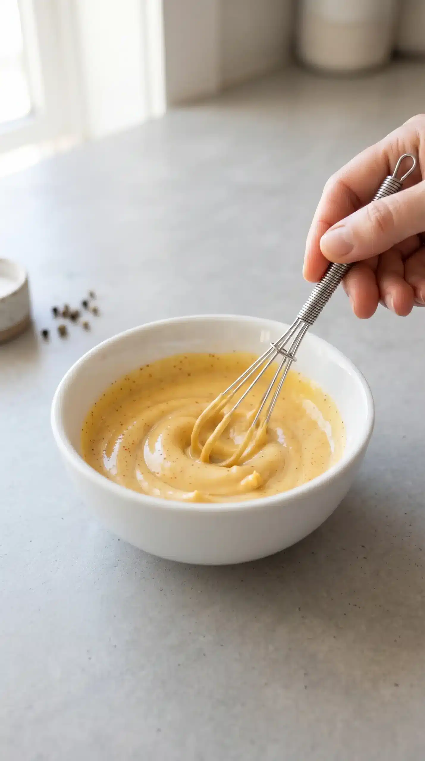Whisk mixing honey mustard sauce ingredients into a smooth creamy mixture