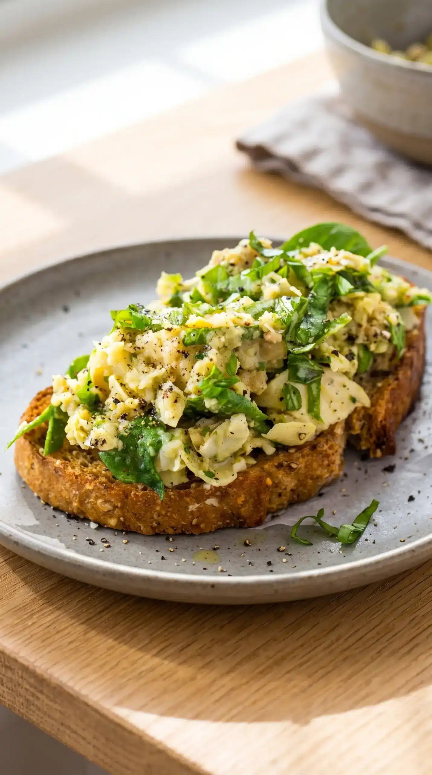 Close-up of white bean artichoke toast with basil ribbons, spinach, and chopped artichoke hearts