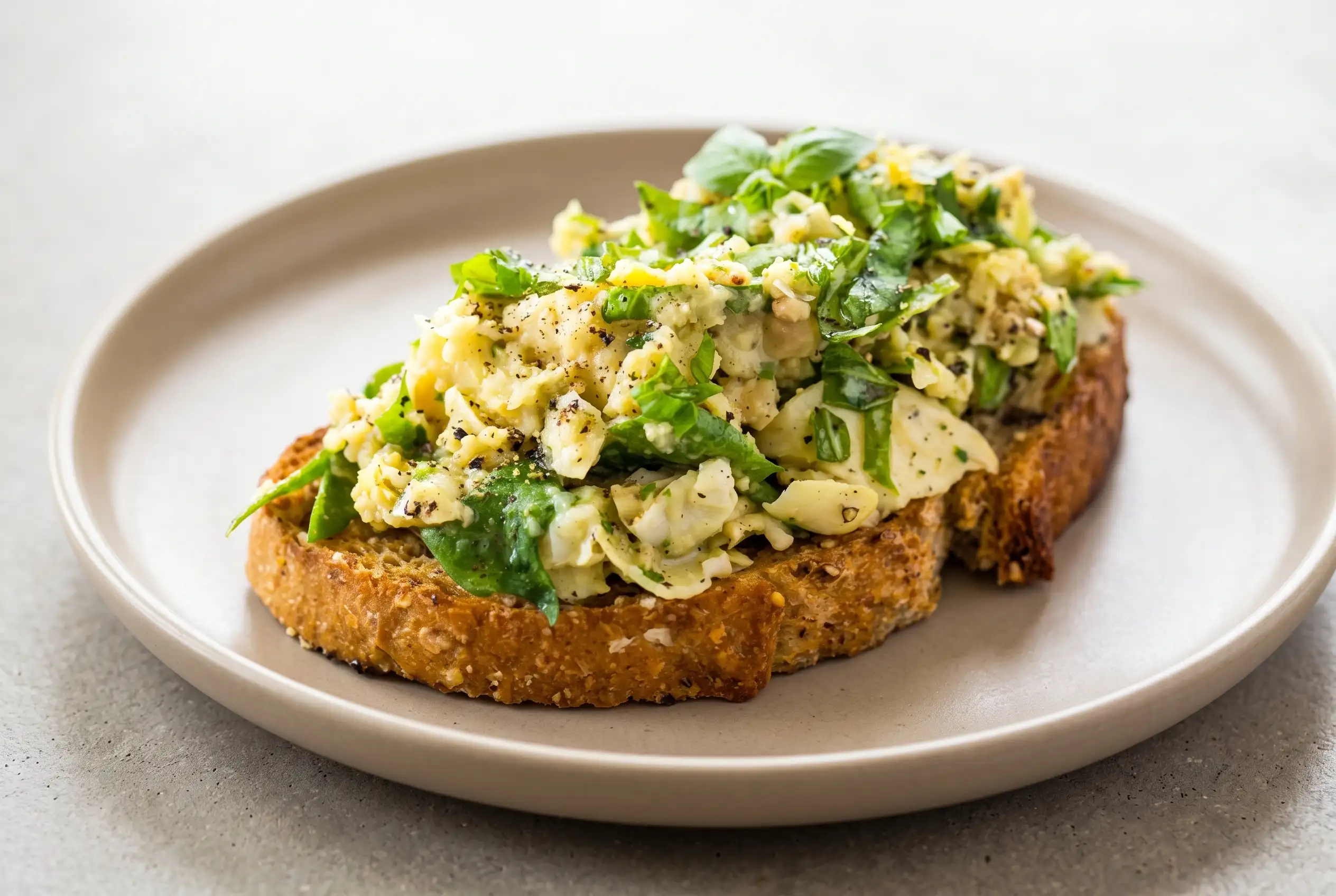 White bean artichoke toast with basil, spinach, and creamy textured spread on whole wheat bread