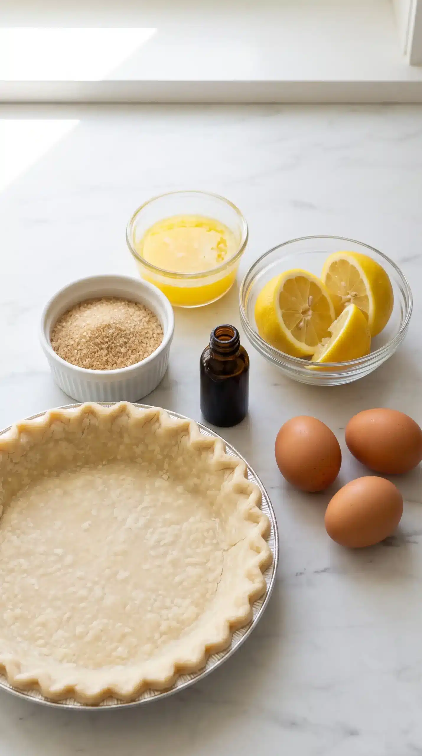 Whole lemon pie ingredients with lemon sections, eggs, butter, sugar, vanilla, and pie crust