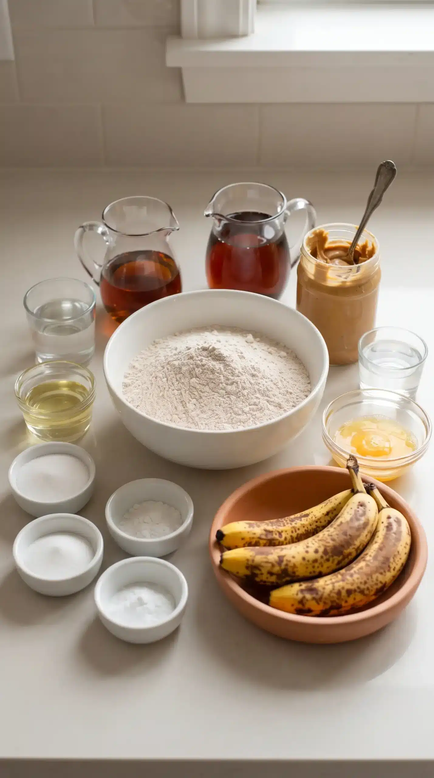 Ingredients for whole wheat banana cake with bananas, flour, peanut butter, and baking supplies
