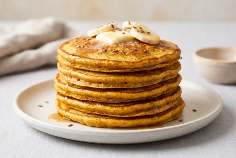 Whole wheat pumpkin pancakes stacked with butter, maple syrup, banana slices, and flax seeds