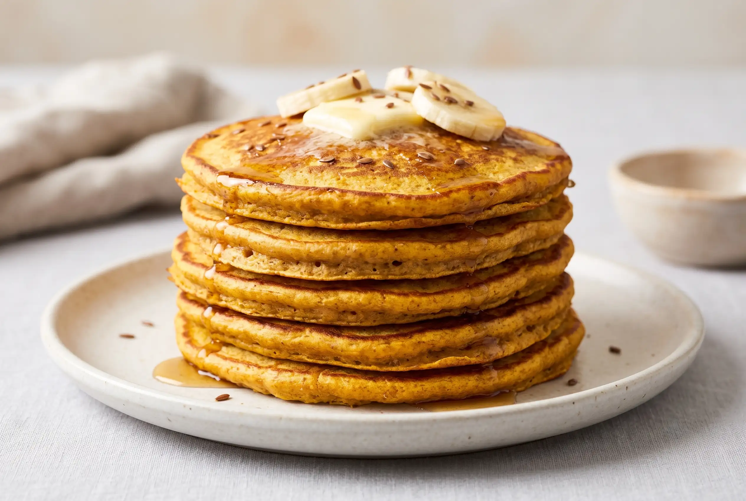 Whole wheat pumpkin pancakes stacked with butter, maple syrup, banana slices, and flax seeds