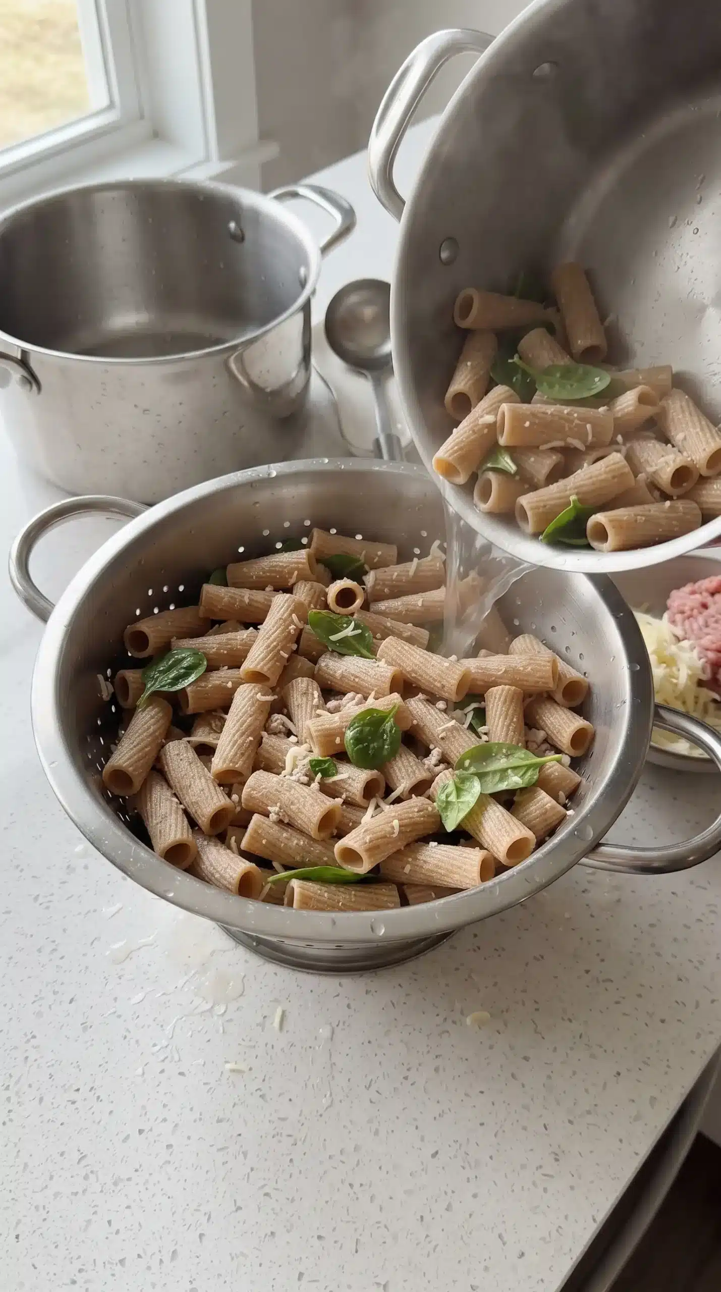 Whole wheat rigatoni draining after cooking before being baked with sauce and toppings