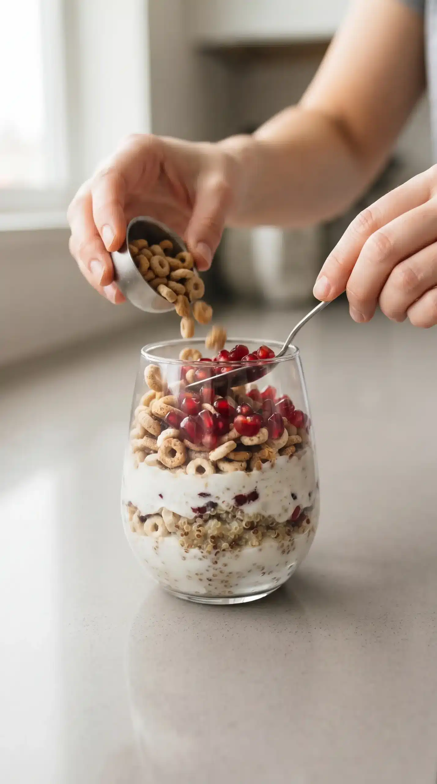 Layering Greek yogurt quinoa mixture, cereal, and pomegranate arils in a glass