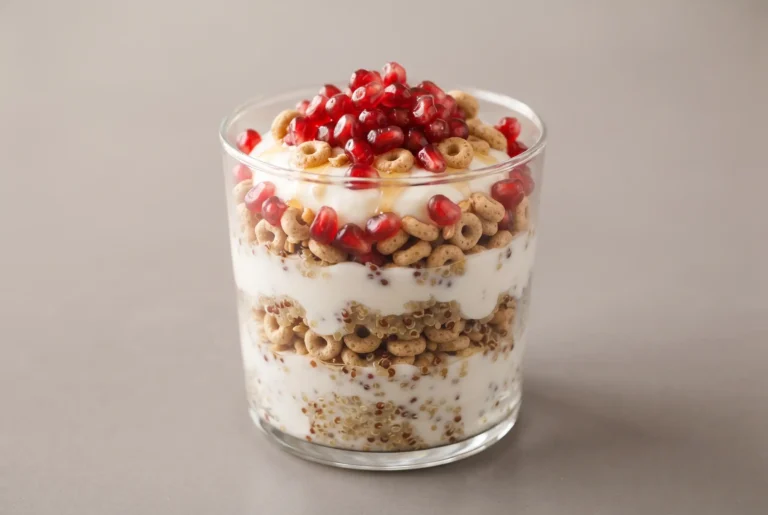 Yogurt quinoa parfait layered with Greek yogurt, quinoa, cereal, honey, and pomegranate arils