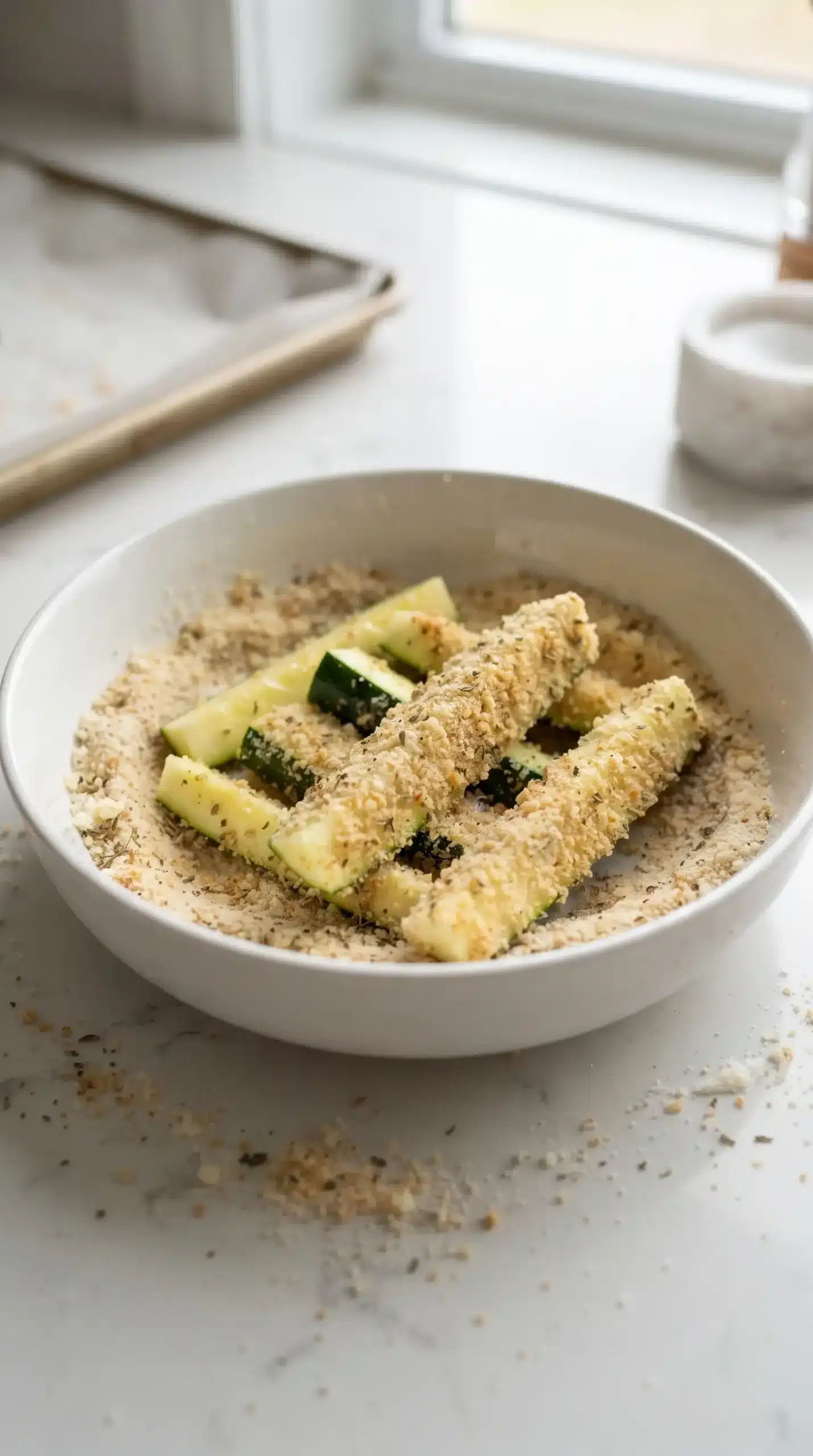 Zucchini sticks being coated with seasoned breadcrumbs in a shallow bowl