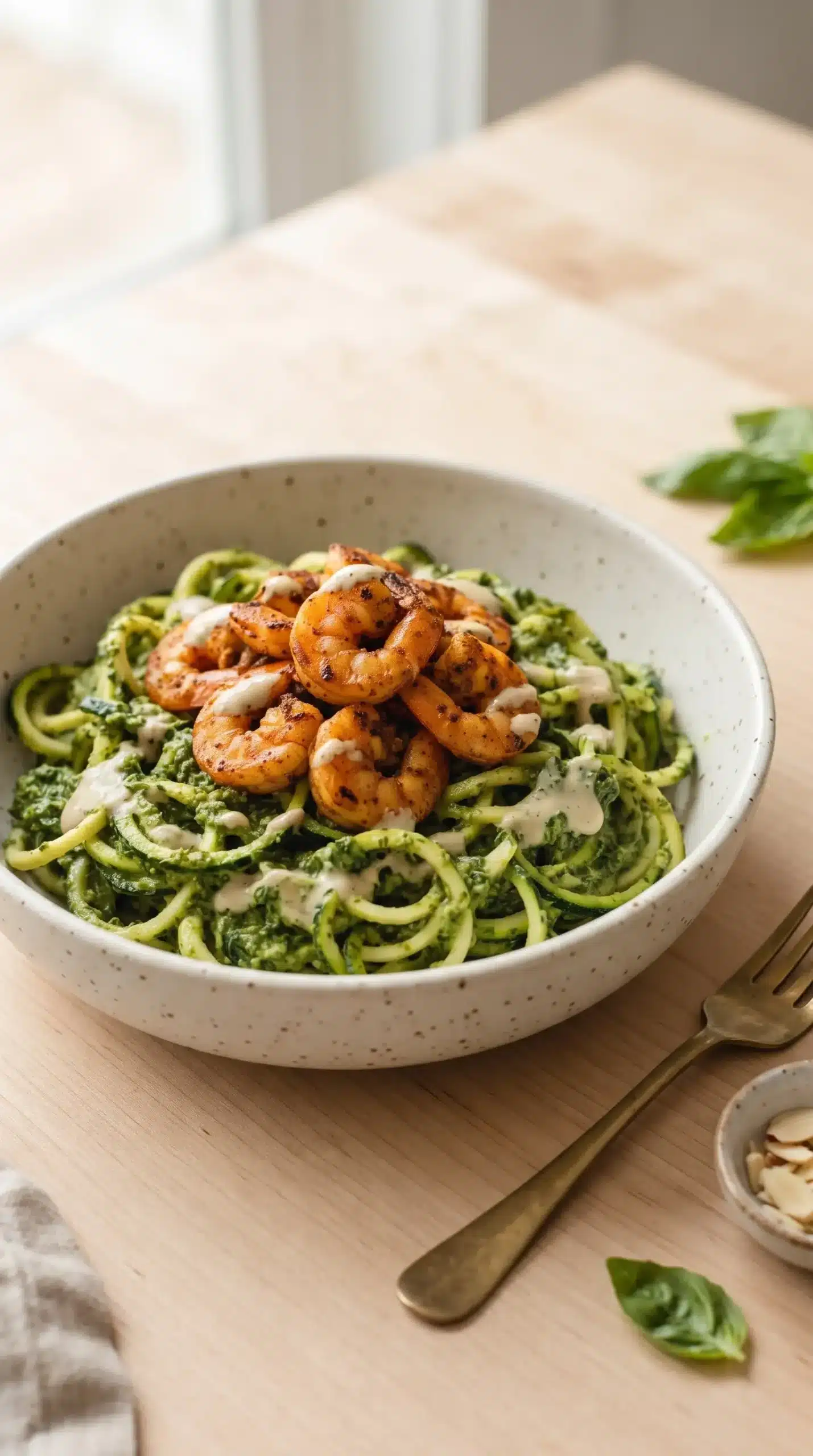 Zucchini pesto noodles topped with chili-cumin shrimp in a neutral ceramic bowl